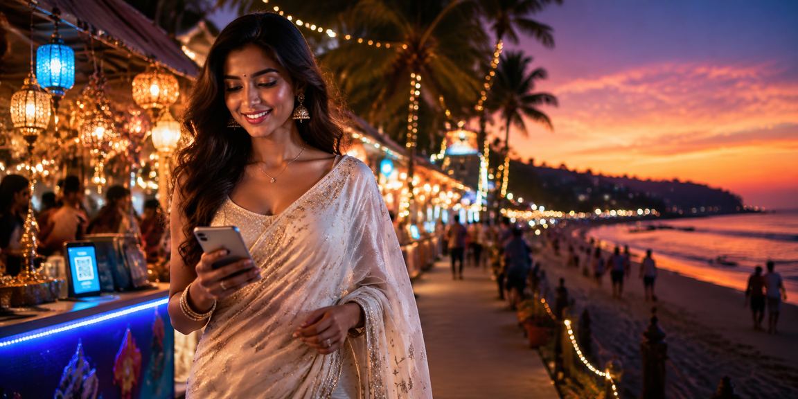 Mobile payment at Goa beach with traditional Indian attire